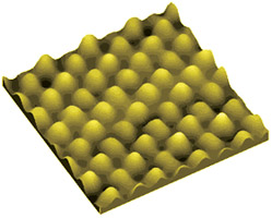 HOPG - Highly Oriented Pyrolitic Graphite is the material produced by the application of uniaxial pressure on deposited pyrocarbon at very high temperatures (sometimes more than 3000ºC). Depending on deformation, temperature and annealing time one can get material with different mosaic spreads, amounts of defects and granular structures (average size of the grains and crystallites).  The most suitable HOPG for STM/SPM applications should have large grains and crystallites, a uniform surface with minimal steps (parts of broken carbon planes) and should allow easily cleaving of very thin layers, such that the surface of the sample can be refreshed many times for investigations.  Atomic lattice of graphite (HOPG). Image size 1.7 nm * 1.7 nm * 0.2 nm (ATC, Scan-8) Courtesy Advanced Technologies Center (www.nanoscopy.net)