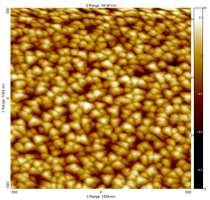  AFM image of the PA01 surface. Scan taken with OPUS 240AC-NA probe. Scan size 1 x 1 µm2.